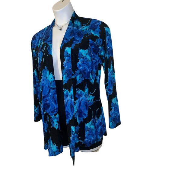 Susan Graver Womens Floral Stretchy Open Front Sparkly Cardigan Black Blue Sz S - Picture 6 of 10